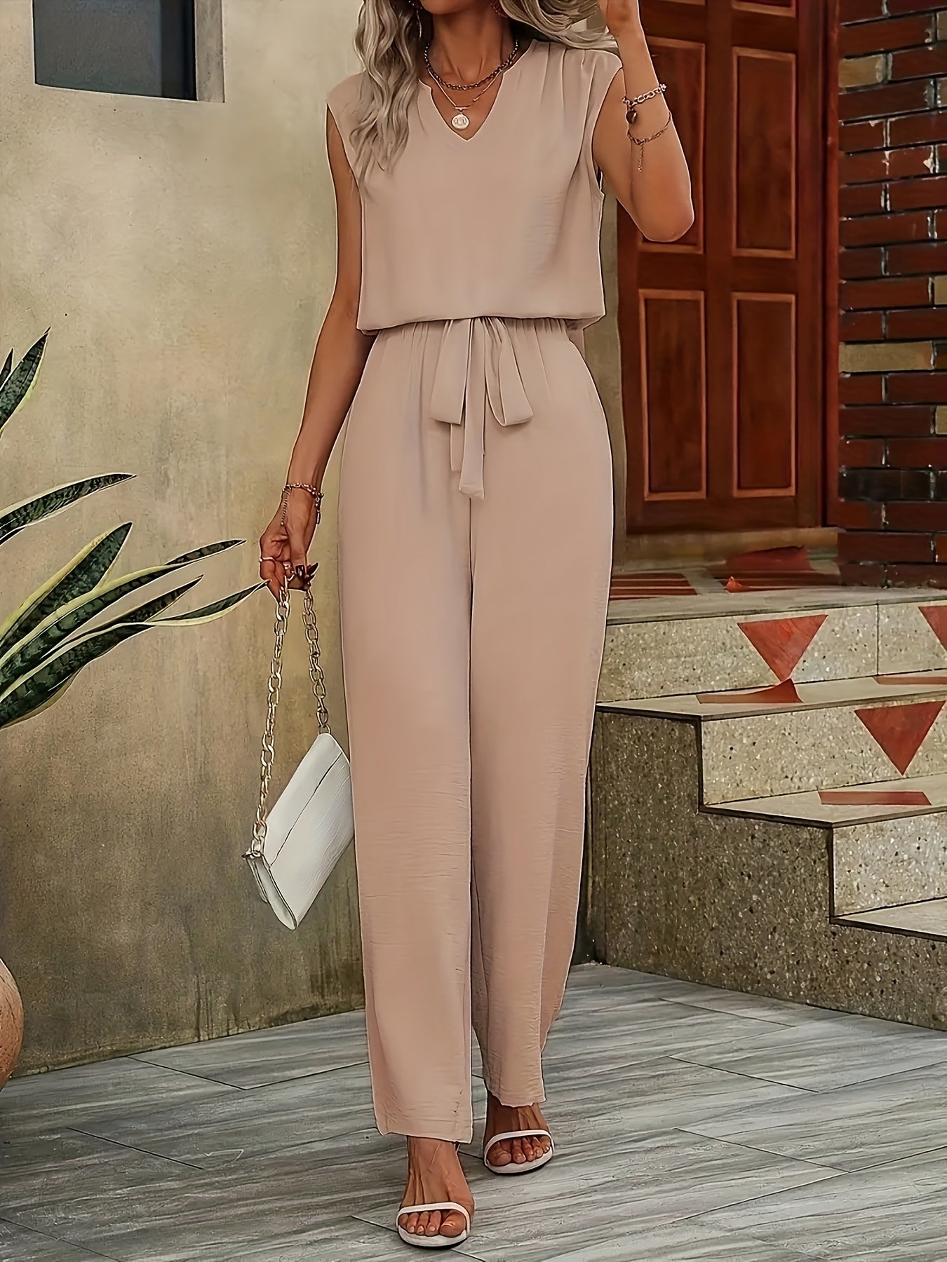 Spring And Summer New Women's Pleated Breathable Draping Bow Drawstring Solid Color Loose Wide Leg Pants Elastic Waist V-Neck Sleeveless Casual T-shirt Top Two-piece Set