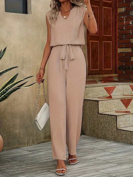 Spring And Summer New Women's Pleated Breathable Draping Bow Drawstring Solid Color Loose Wide Leg Pants Elastic Waist V-Neck Sleeveless Casual T-shirt Top Two-piece Set